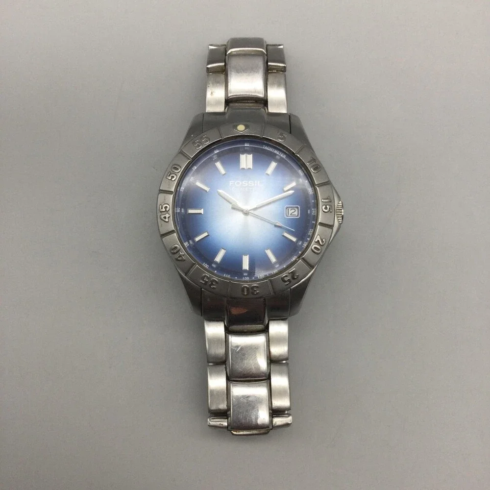 Fossil AM-3689 Mens Watch 40mm Blue Dial Date Stainless New Battery 7.5